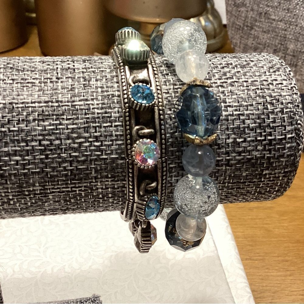 Blue and White Beaded Bracelets in a Set of Two